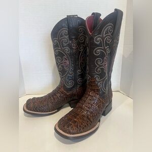 Ferrini Stampede Ladies Caiman Cowhide Square Toe Boots Brown Size 6 NWT
